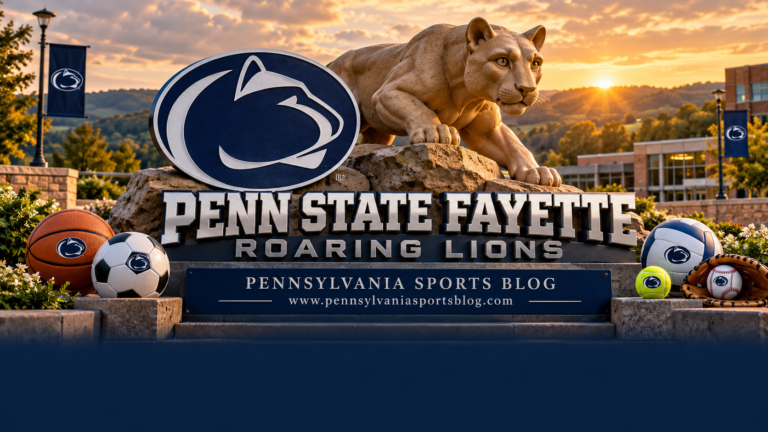 Penn State Fayette Roaring Lions — Pennsylvania Sports Blog editorial illustration; no players or people.