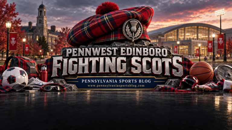 PennWest Edinboro Fighting Scots — Pennsylvania Sports Blog editorial illustration; no players or people.