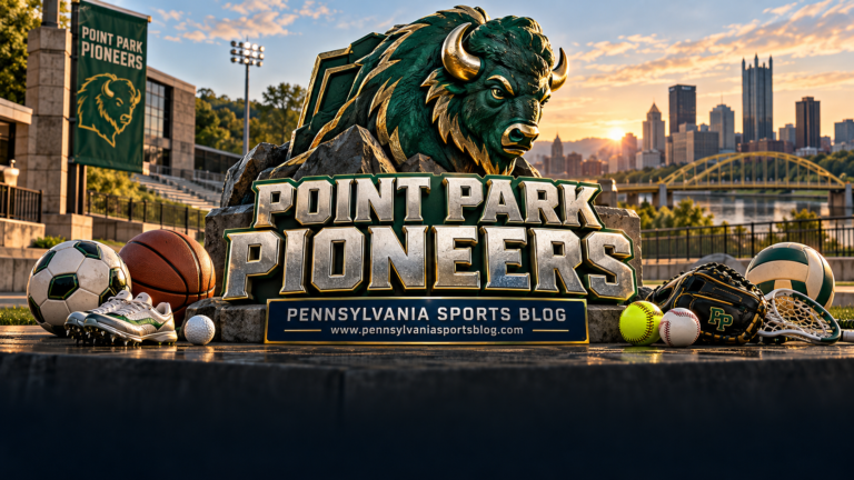 Point Park Pioneers — Pennsylvania Sports Blog editorial illustration; no players or people.